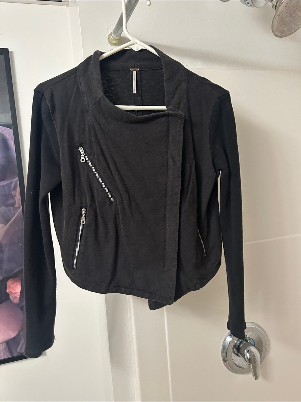 Free People Black Moto Style 100% Cotton Asymmetrical Zip Jacket